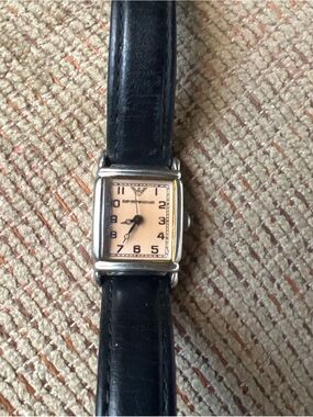 Women’s Emporio Armani Silver Watch with Black Leather Strap - Used